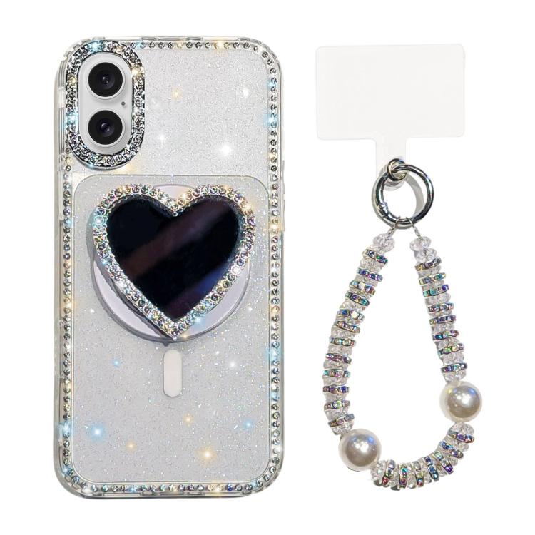 Sparkling IMD Heart-Shaped Mirror Magnetic Phone Case with Bracelet, For iPhone 17 Pro Max, For iPhone 17 Pro, For iPhone 17, For iPhone Air