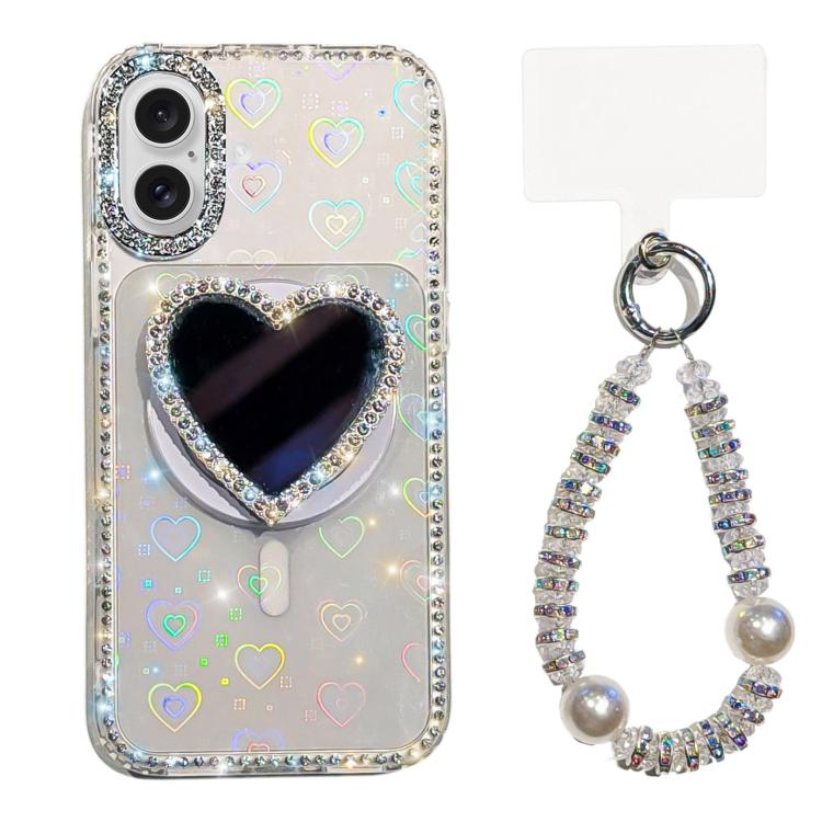 Sparkling IMD Heart-Shaped Mirror Magnetic Phone Case with Bracelet, For iPhone 17 Pro Max, For iPhone 17 Pro, For iPhone 17, For iPhone Air