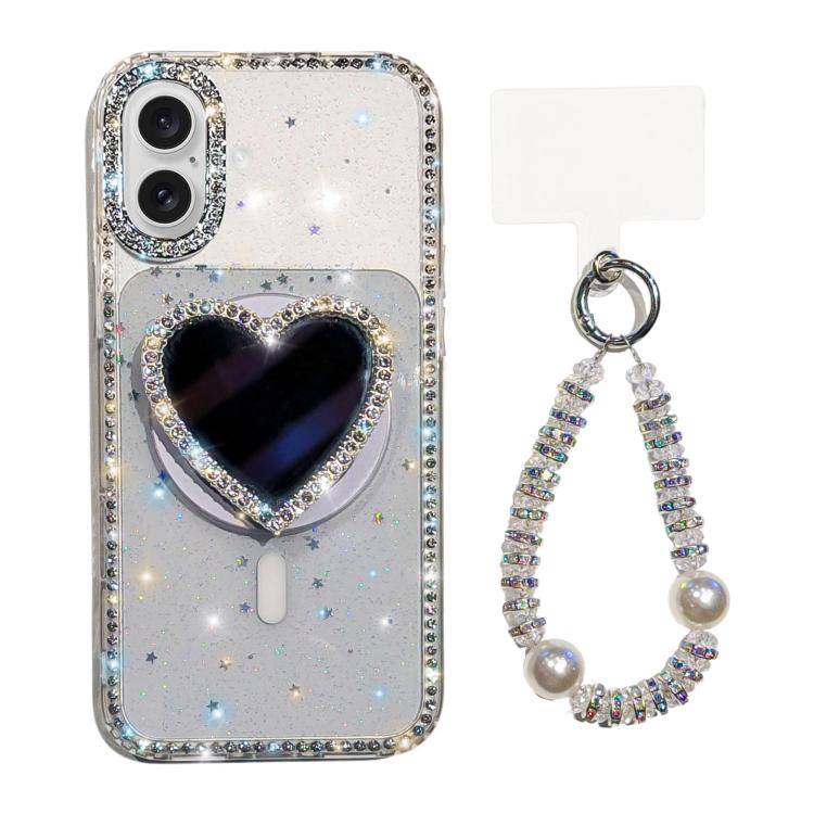 Sparkling IMD Heart-Shaped Mirror Magnetic Phone Case with Bracelet, For iPhone 17 Pro Max, For iPhone 17 Pro, For iPhone 17, For iPhone Air