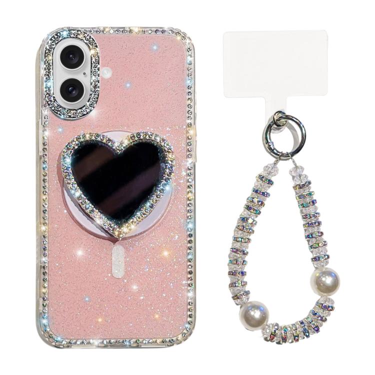 Sparkling IMD Heart-Shaped Mirror Magnetic Phone Case with Bracelet, For iPhone 17 Pro Max, For iPhone 17 Pro, For iPhone 17, For iPhone Air
