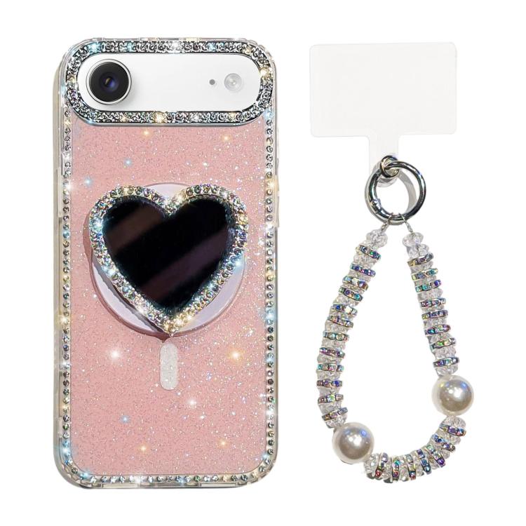 Sparkling IMD Heart-Shaped Mirror Magnetic Phone Case with Bracelet, For iPhone 17 Pro Max, For iPhone 17 Pro, For iPhone 17, For iPhone Air