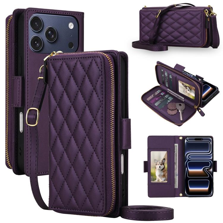 Crossbody Diamond Lattice Zipper Wallet RFID Vegan Leather Phone Case, For iPhone 17 Pro Max, For iPhone 17 Pro