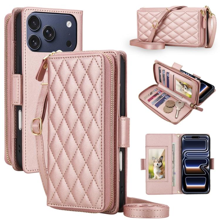 Crossbody Diamond Lattice Zipper Wallet RFID Vegan Leather Phone Case, For iPhone 17 Pro Max, For iPhone 17 Pro