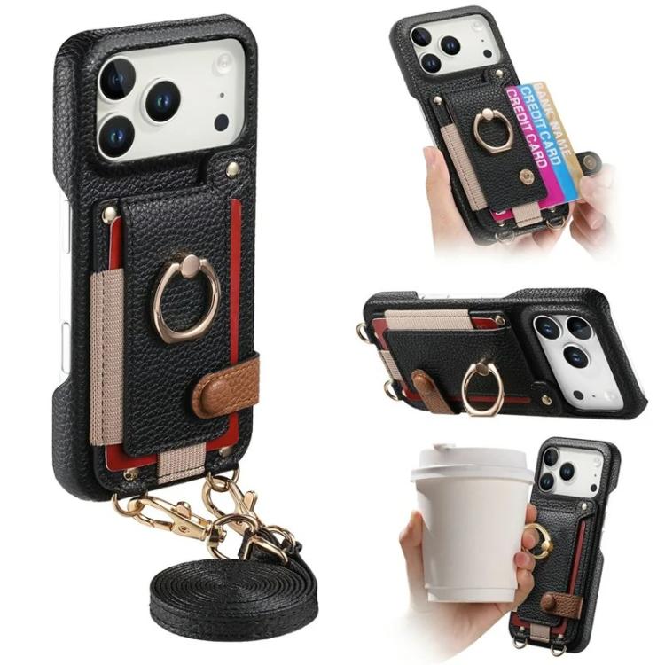 Litchi Texture Card Bag Ring Holder Vegan Leather + PC Phone Case with Shoulder Strap, For iPhone 16e / 17e, For iPhone 17 Pro Max, For iPhone 17 Pro