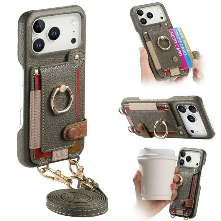 Litchi Texture Card Bag Ring Holder Vegan Leather + PC Phone Case with Shoulder Strap, For iPhone 16e / 17e, For iPhone 17 Pro Max, For iPhone 17 Pro
