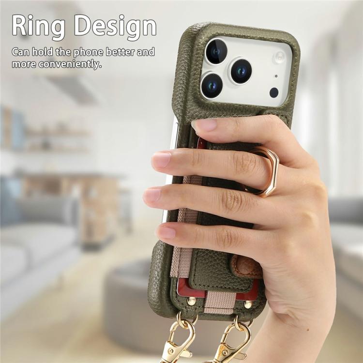 Litchi Texture Card Bag Ring Holder Vegan Leather + PC Phone Case with Shoulder Strap, For iPhone 16e / 17e, For iPhone 17 Pro Max, For iPhone 17 Pro