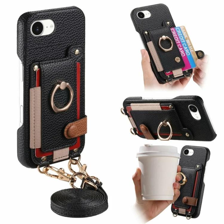 Litchi Texture Card Bag Ring Holder Vegan Leather + PC Phone Case with Shoulder Strap, For iPhone 16e / 17e, For iPhone 17 Pro Max, For iPhone 17 Pro
