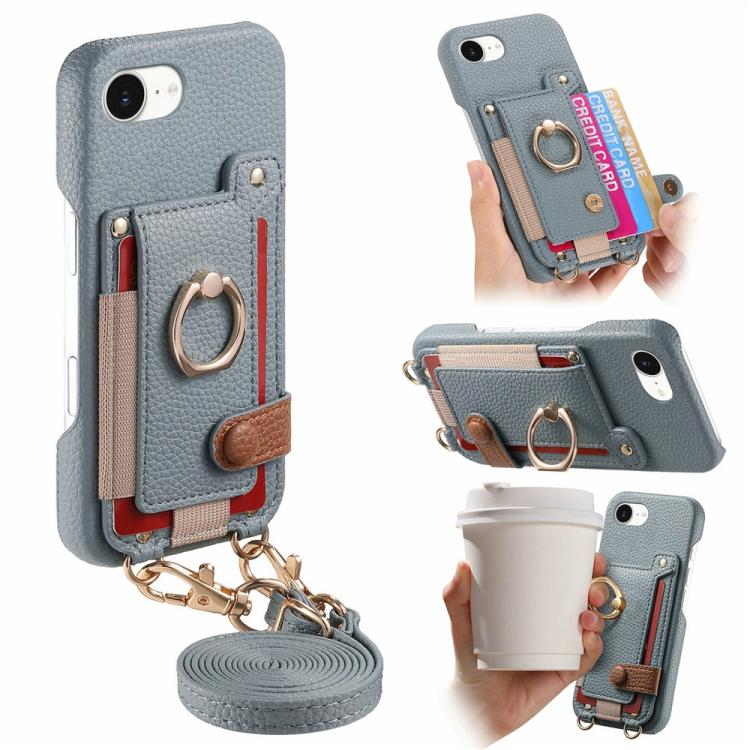 Litchi Texture Card Bag Ring Holder Vegan Leather + PC Phone Case with Shoulder Strap, For iPhone 16e / 17e, For iPhone 17 Pro Max, For iPhone 17 Pro