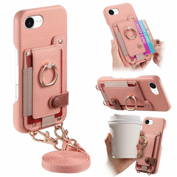 Litchi Texture Card Bag Ring Holder Vegan Leather + PC Phone Case with Shoulder Strap, For iPhone 16e / 17e, For iPhone 17 Pro Max, For iPhone 17 Pro