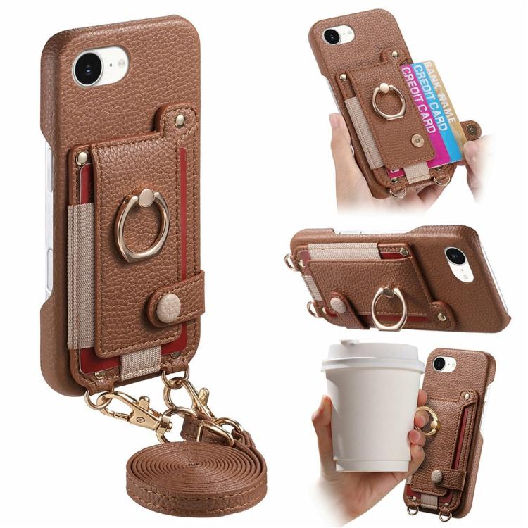 Litchi Texture Card Bag Ring Holder Vegan Leather + PC Phone Case with Shoulder Strap, For iPhone 16e / 17e, For iPhone 17 Pro Max, For iPhone 17 Pro