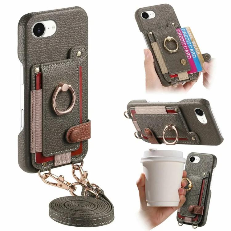 Litchi Texture Card Bag Ring Holder Vegan Leather + PC Phone Case with Shoulder Strap, For iPhone 16e / 17e, For iPhone 17 Pro Max, For iPhone 17 Pro