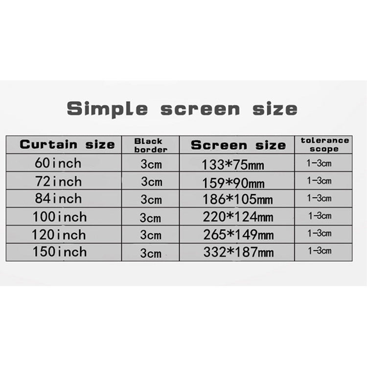 Simple Folding Thin Polyester Projector Film Curtain, 60 inch (16:9) Projection Area: 132x75cm, 60 inch (4:3) Projection Area: 120x90cm, 72 inch (16:9) Projection Area: 159x90cm, 72 inch (4:3) Projection Area: 146x110cm                                 ...