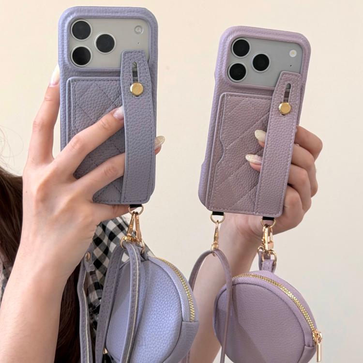Diamond Pattern Wristband Card Slot PU Phone Case with Small Wallet, For iPhone 14, For iPhone 14 Pro