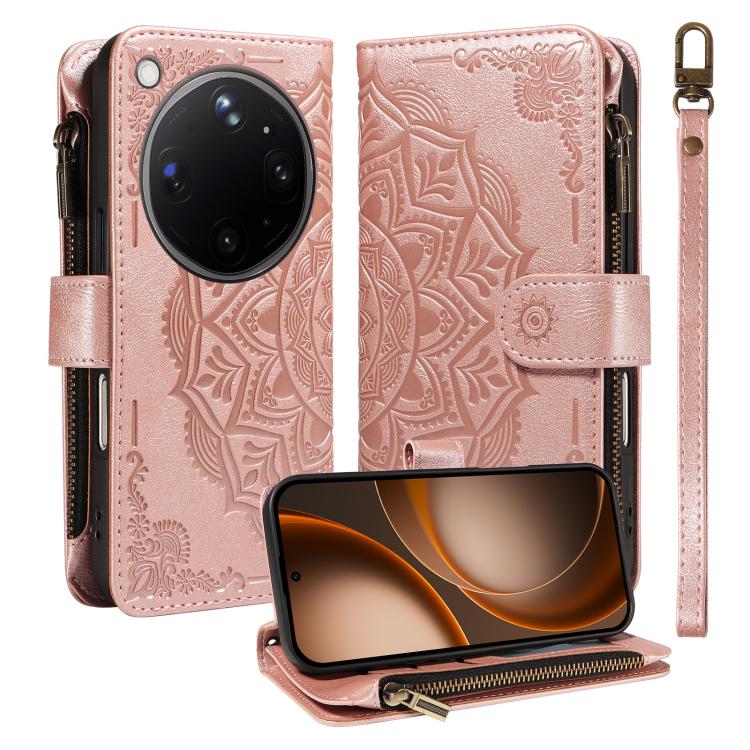 Mandala Embossed 9-Card Zipper RFID Vegan Leather Phone Case with Short Lanyard, For OPPO Reno16 FS 5G, For OPPO Find X9 Ultra 5G