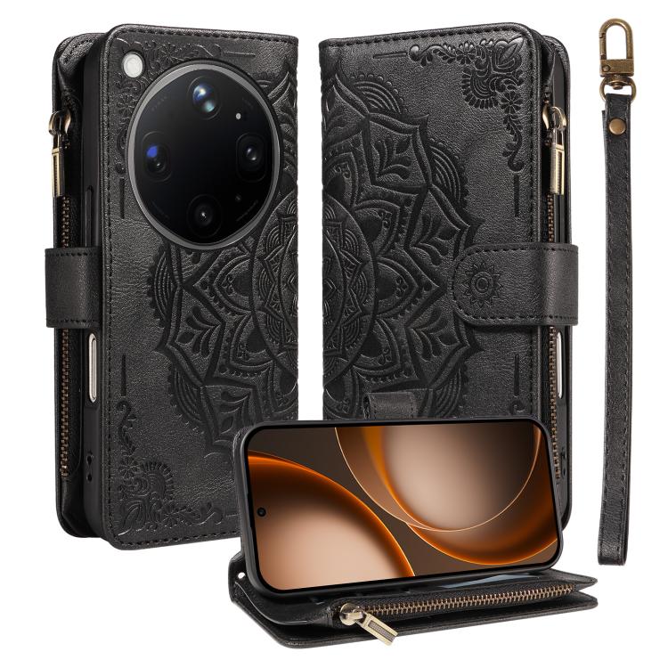 Mandala Embossed 9-Card Zipper RFID Vegan Leather Phone Case with Short Lanyard, For OPPO Reno16 FS 5G, For OPPO Find X9 Ultra 5G