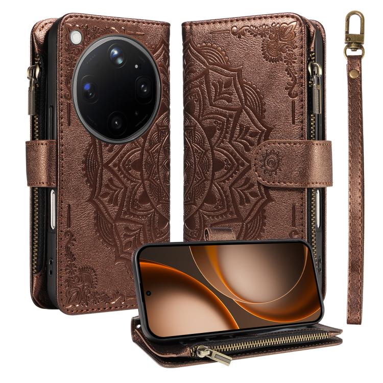 Mandala Embossed 9-Card Zipper RFID Vegan Leather Phone Case with Short Lanyard, For OPPO Reno16 FS 5G, For OPPO Find X9 Ultra 5G