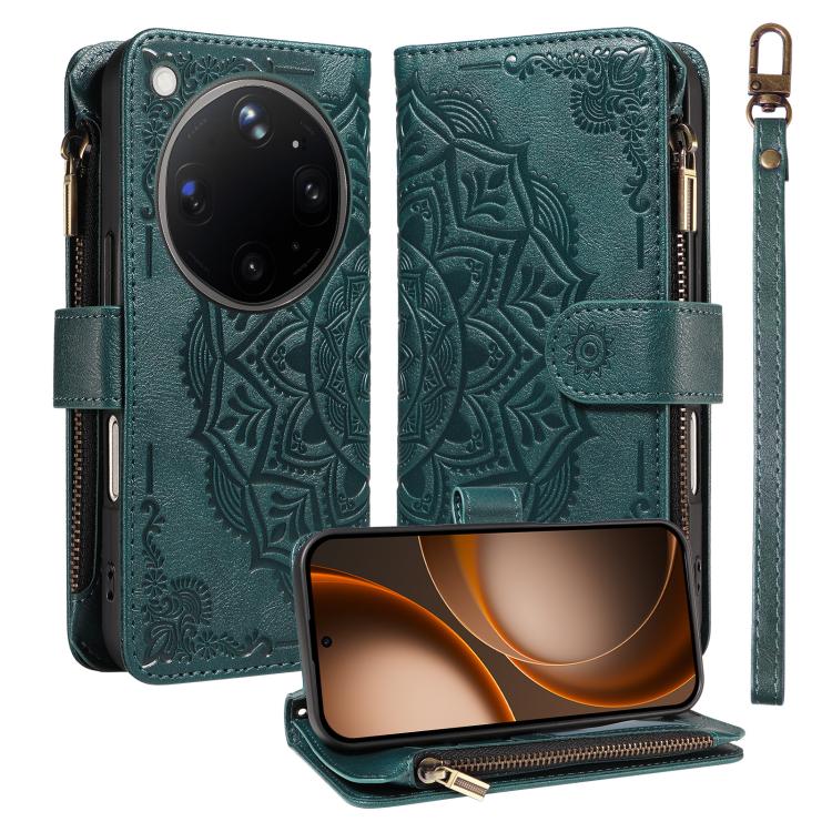 Mandala Embossed 9-Card Zipper RFID Vegan Leather Phone Case with Short Lanyard, For OPPO Reno16 FS 5G, For OPPO Find X9 Ultra 5G