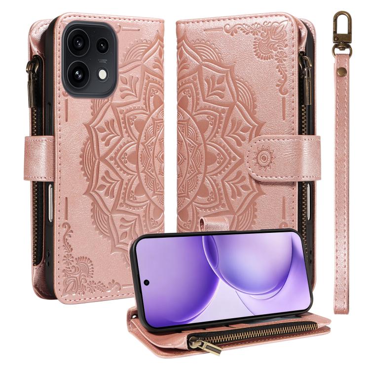 Mandala Embossed 9-Card Zipper RFID Vegan Leather Phone Case with Short Lanyard, For OPPO Reno16 FS 5G, For OPPO Find X9 Ultra 5G