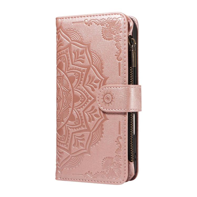 Mandala Embossed 9-Card Zipper RFID Vegan Leather Phone Case with Short Lanyard, For OPPO Reno16 FS 5G, For OPPO Find X9 Ultra 5G