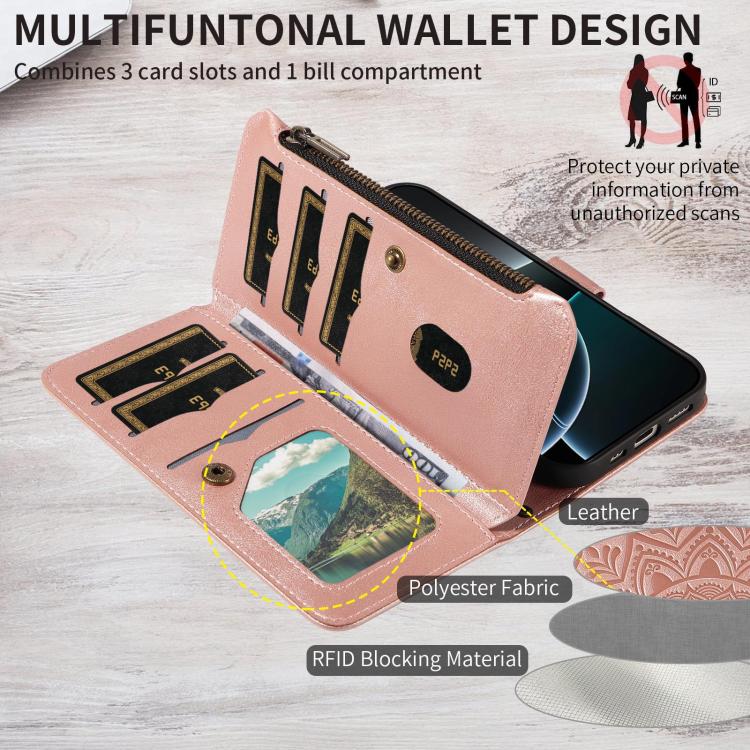 Mandala Embossed 9-Card Zipper RFID Vegan Leather Phone Case with Short Lanyard, For OPPO Reno16 FS 5G, For OPPO Find X9 Ultra 5G