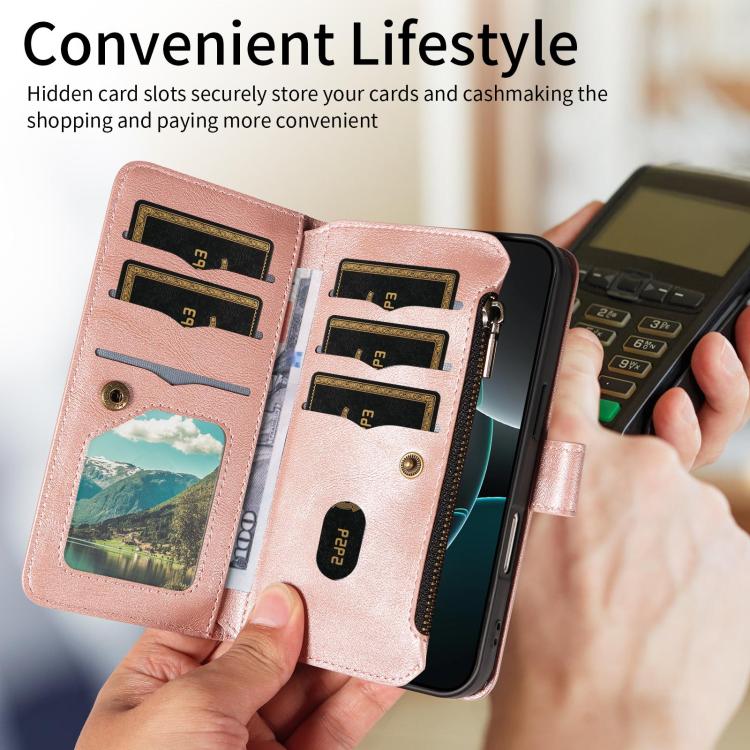 Mandala Embossed 9-Card Zipper RFID Vegan Leather Phone Case with Short Lanyard, For OPPO Reno16 FS 5G, For OPPO Find X9 Ultra 5G