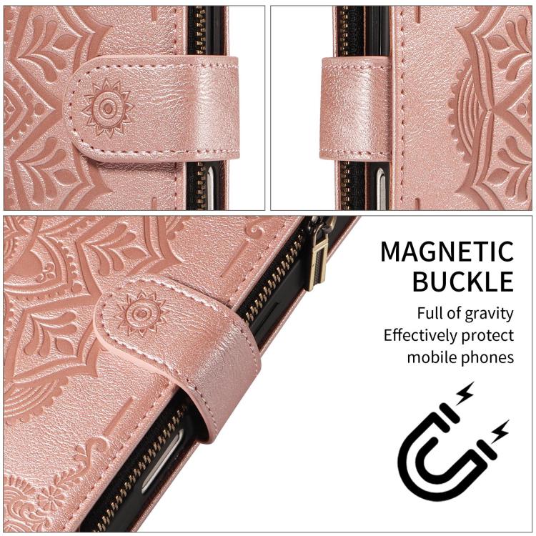 Mandala Embossed 9-Card Zipper RFID Vegan Leather Phone Case with Short Lanyard, For OPPO Reno16 FS 5G, For OPPO Find X9 Ultra 5G