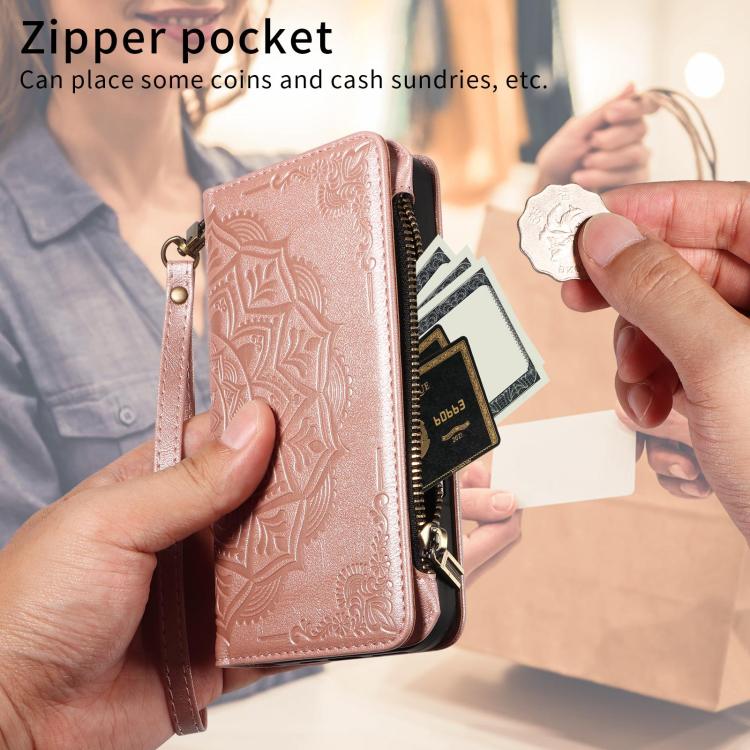 Mandala Embossed 9-Card Zipper RFID Vegan Leather Phone Case with Short Lanyard, For OPPO Reno16 FS 5G, For OPPO Find X9 Ultra 5G