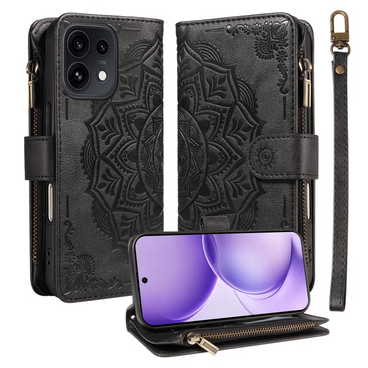 Mandala Embossed 9-Card Zipper RFID Vegan Leather Phone Case with Short Lanyard, For OPPO Reno16 FS 5G, For OPPO Find X9 Ultra 5G