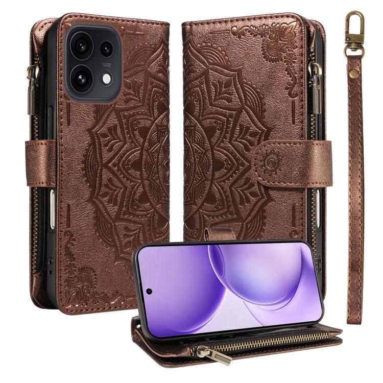 Mandala Embossed 9-Card Zipper RFID Vegan Leather Phone Case with Short Lanyard, For OPPO Reno16 FS 5G, For OPPO Find X9 Ultra 5G