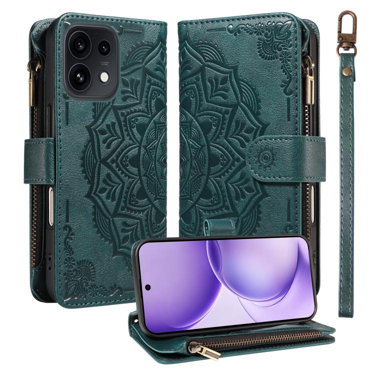 Mandala Embossed 9-Card Zipper RFID Vegan Leather Phone Case with Short Lanyard, For OPPO Reno16 FS 5G, For OPPO Find X9 Ultra 5G