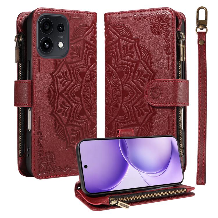 Mandala Embossed 9-Card Zipper RFID Vegan Leather Phone Case with Short Lanyard, For OPPO Reno16 FS 5G, For OPPO Find X9 Ultra 5G