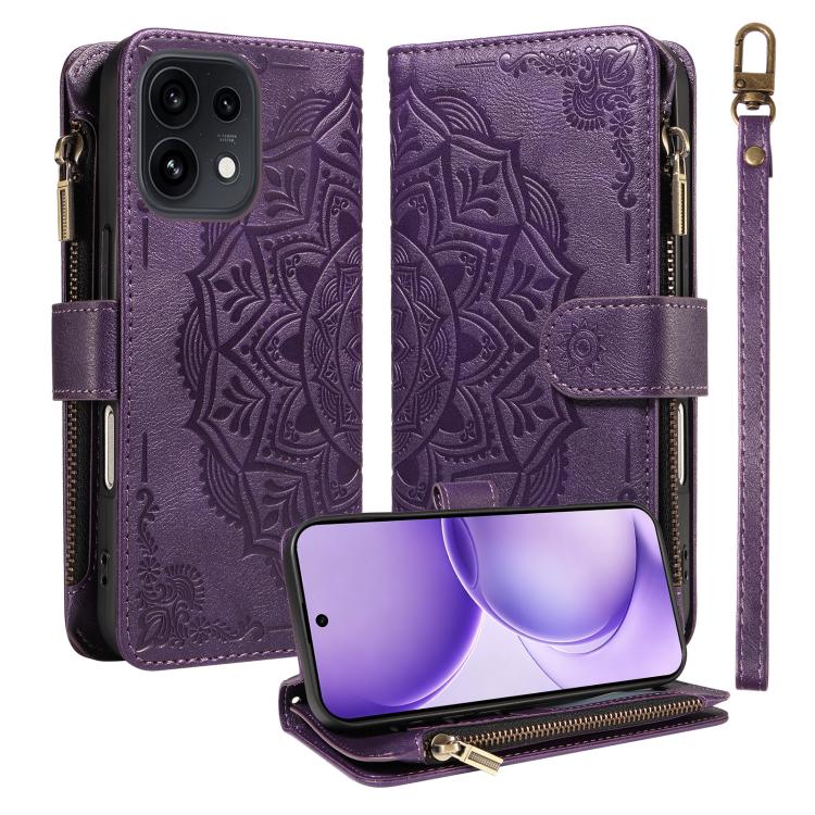 Mandala Embossed 9-Card Zipper RFID Vegan Leather Phone Case with Short Lanyard, For OPPO Reno16 FS 5G, For OPPO Find X9 Ultra 5G