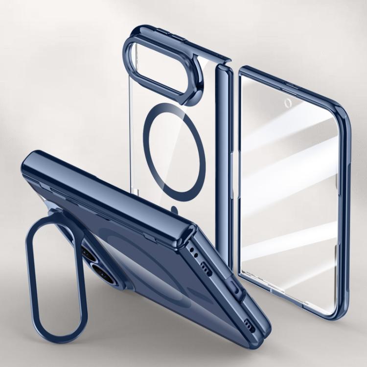Icebreaking Series Integrated HD Film Electroplated Crystal Clear Center Axis Magnetic Phone Case with Lens Holder, For iPhone Duo