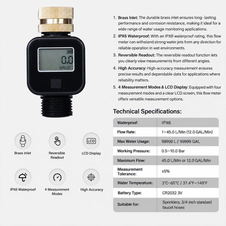 MOES TWM-SGS05-US LCD Display Pure Brass Inlet and Outlet Water Flow Meter, US Standard Thread