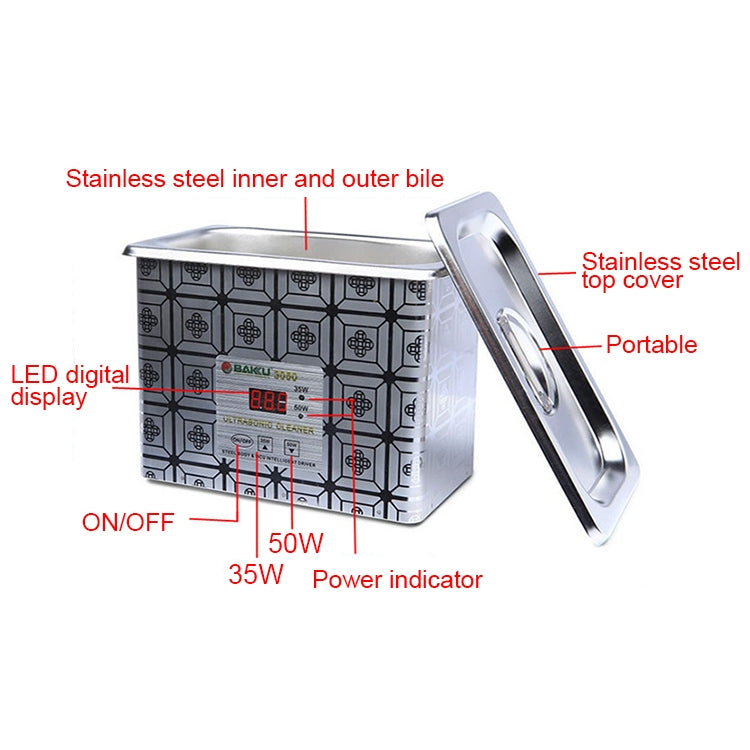 BAKU BK-3050 35W / 50W Adjustable 0.8L LCD Display Ultrasonic Cleaner, AC 220V, BK-3050 35W / 50W 0.8L 220V