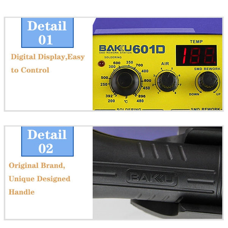 BAKU BK-601D AC 110V LED Display 2 in 1 Hot Air Gun Soldering Iron Soldering Station, BK-601D AC 110V
