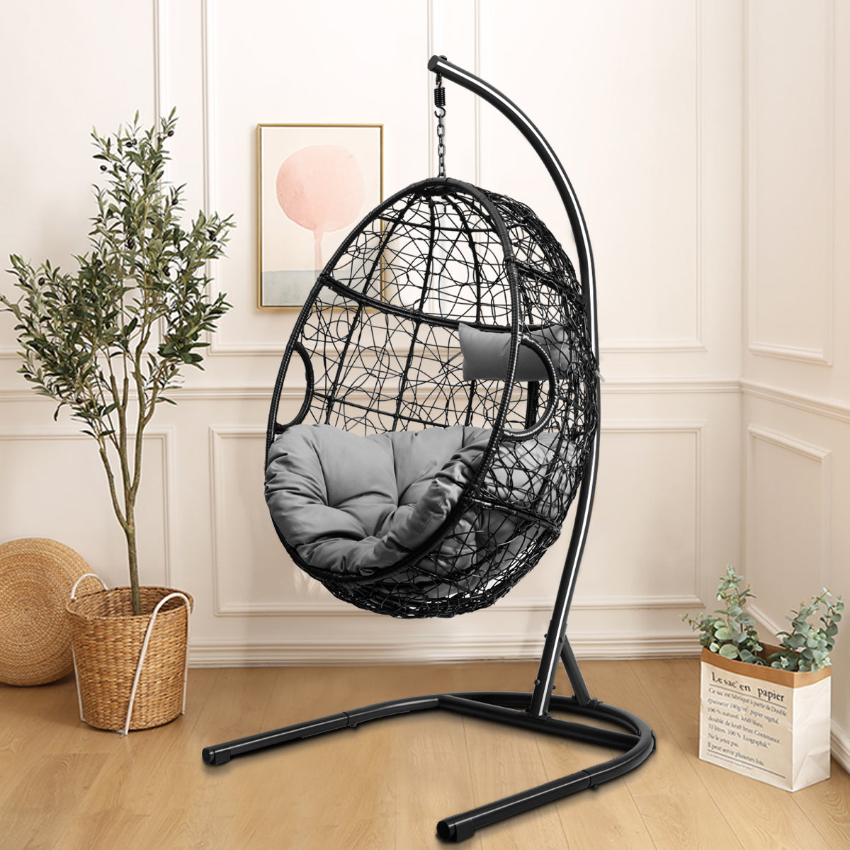 Egg Swing Chair with Stand and Ultraviolet-Resistant Seat Cushion-Grey