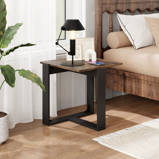 End Table Square Side Table with T-Shaped Metal Base Industrial Nightstand-Rustic Brown