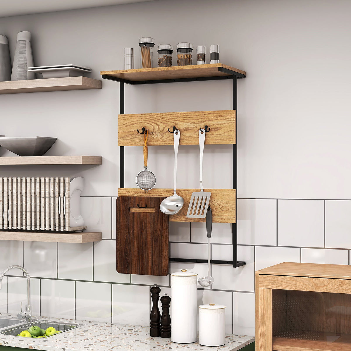 Entryway Wall Coat Rack with 6 Hooks and Display Shelf-Natural