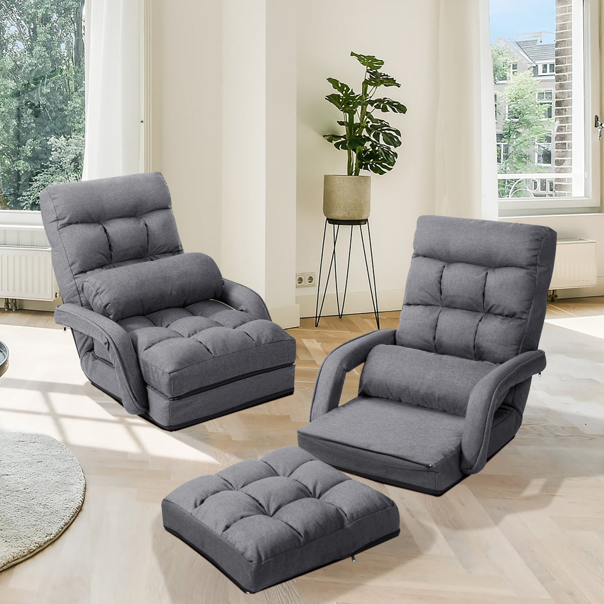 Adjustable Folding Floor Lazy Chair with Pillow-Blue