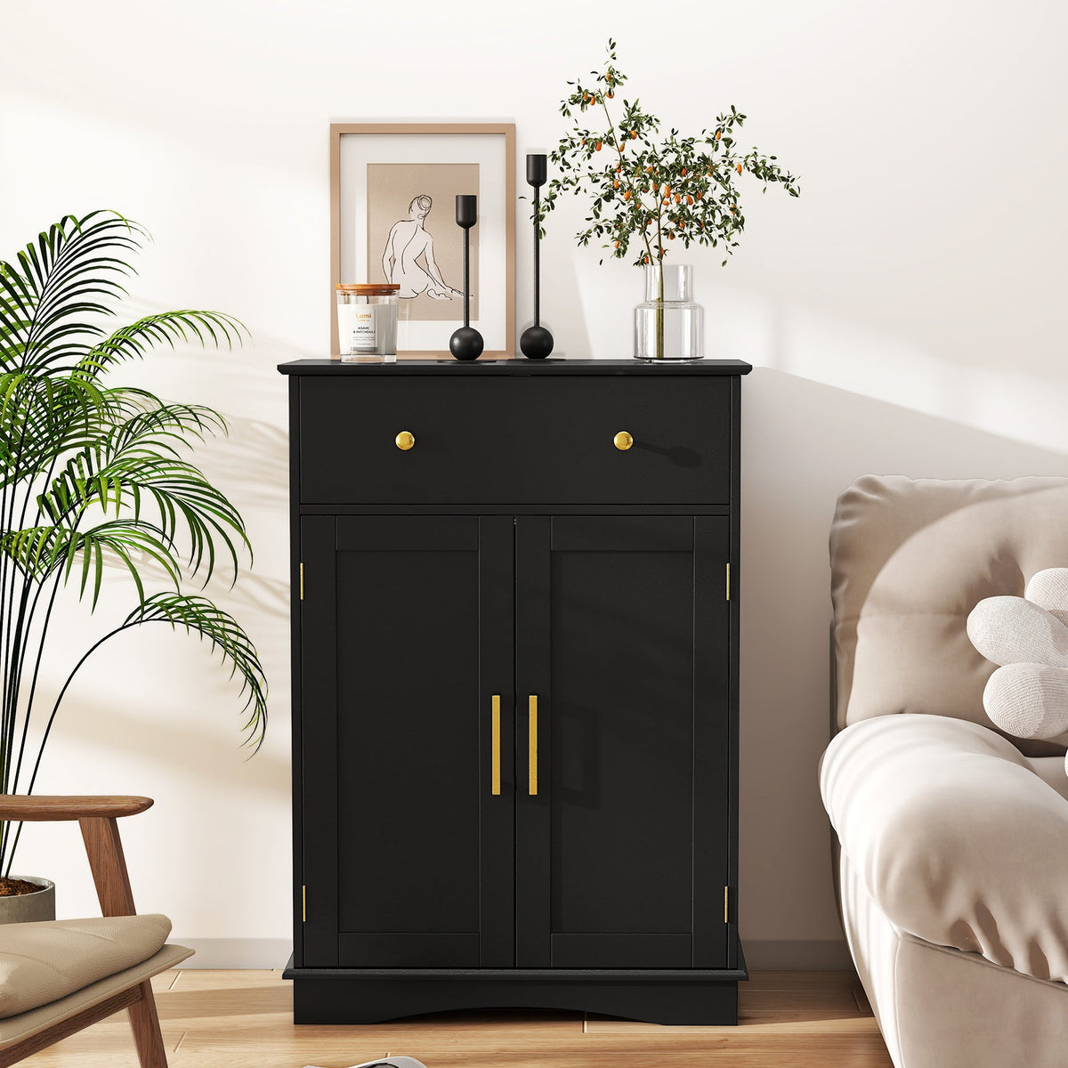 Floor Storage Cabinet with Doors and Adjustable Shelf-Grey