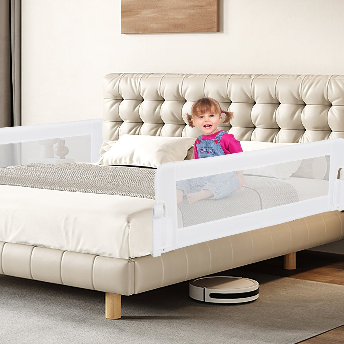 Foldable Bed Rail for Toddlers with Adjustable Safety Strap-Grey