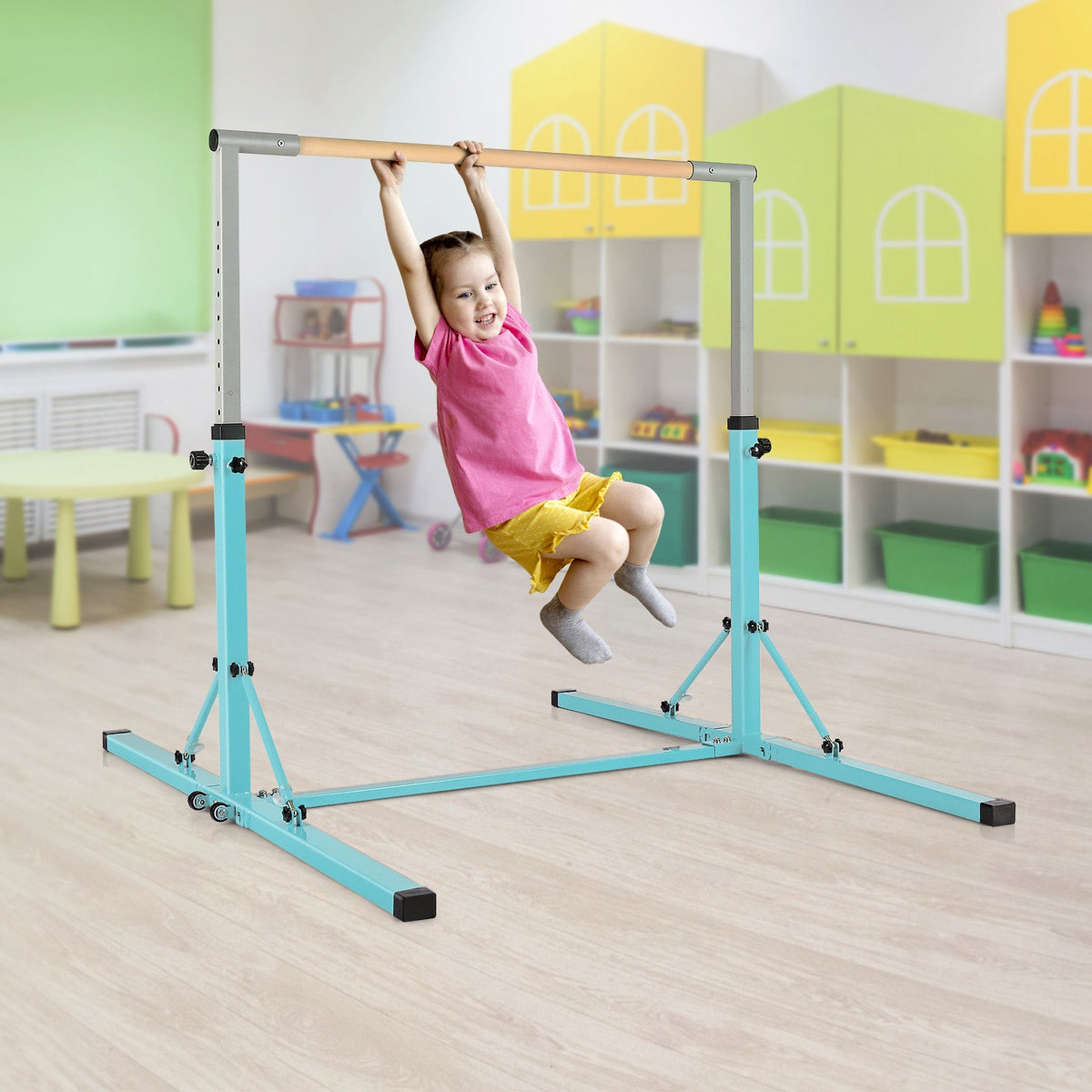 Kids Foldable Gymnastics Bar with 13 Adjustable Height-Blue