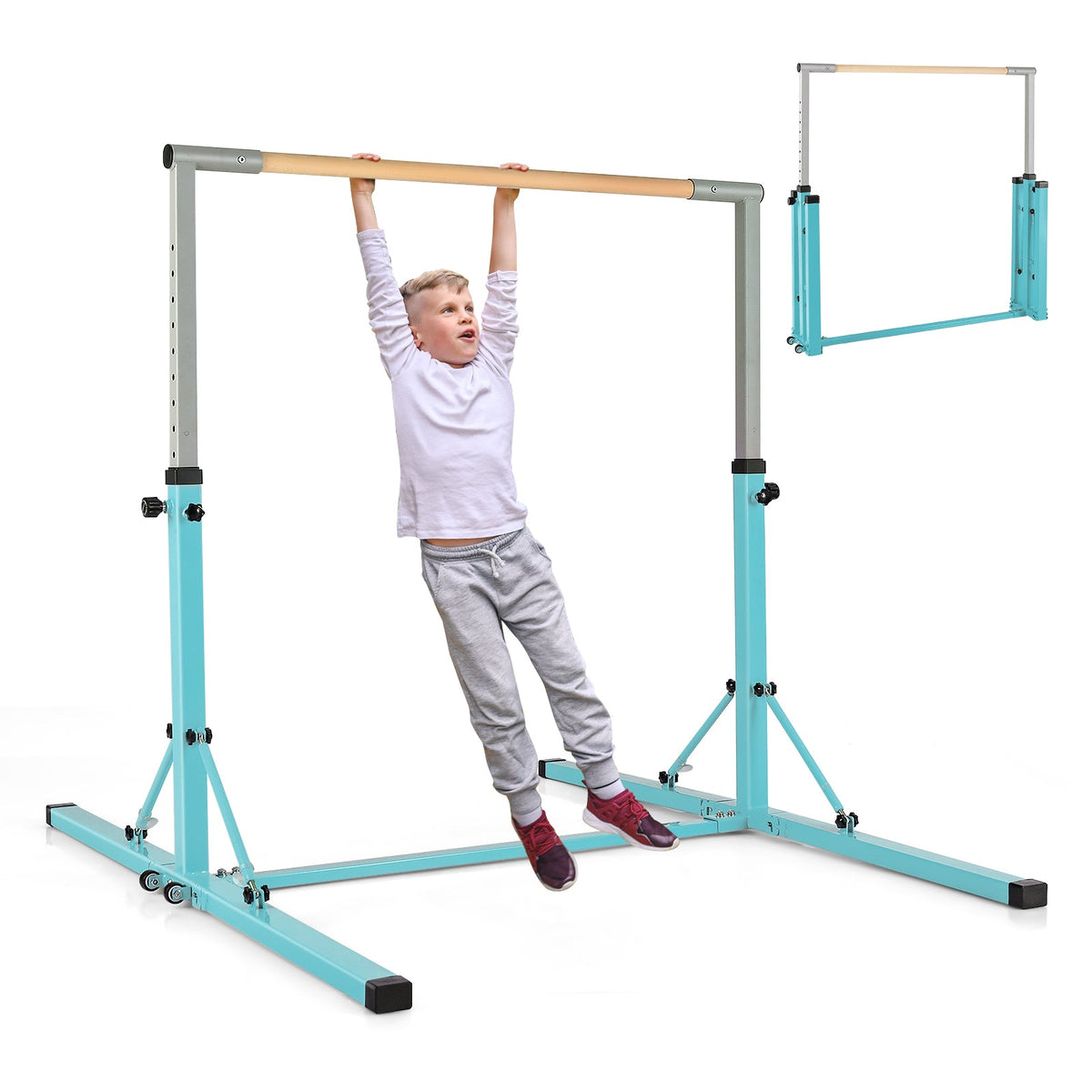 Kids Foldable Gymnastics Bar with 13 Adjustable Height-Blue