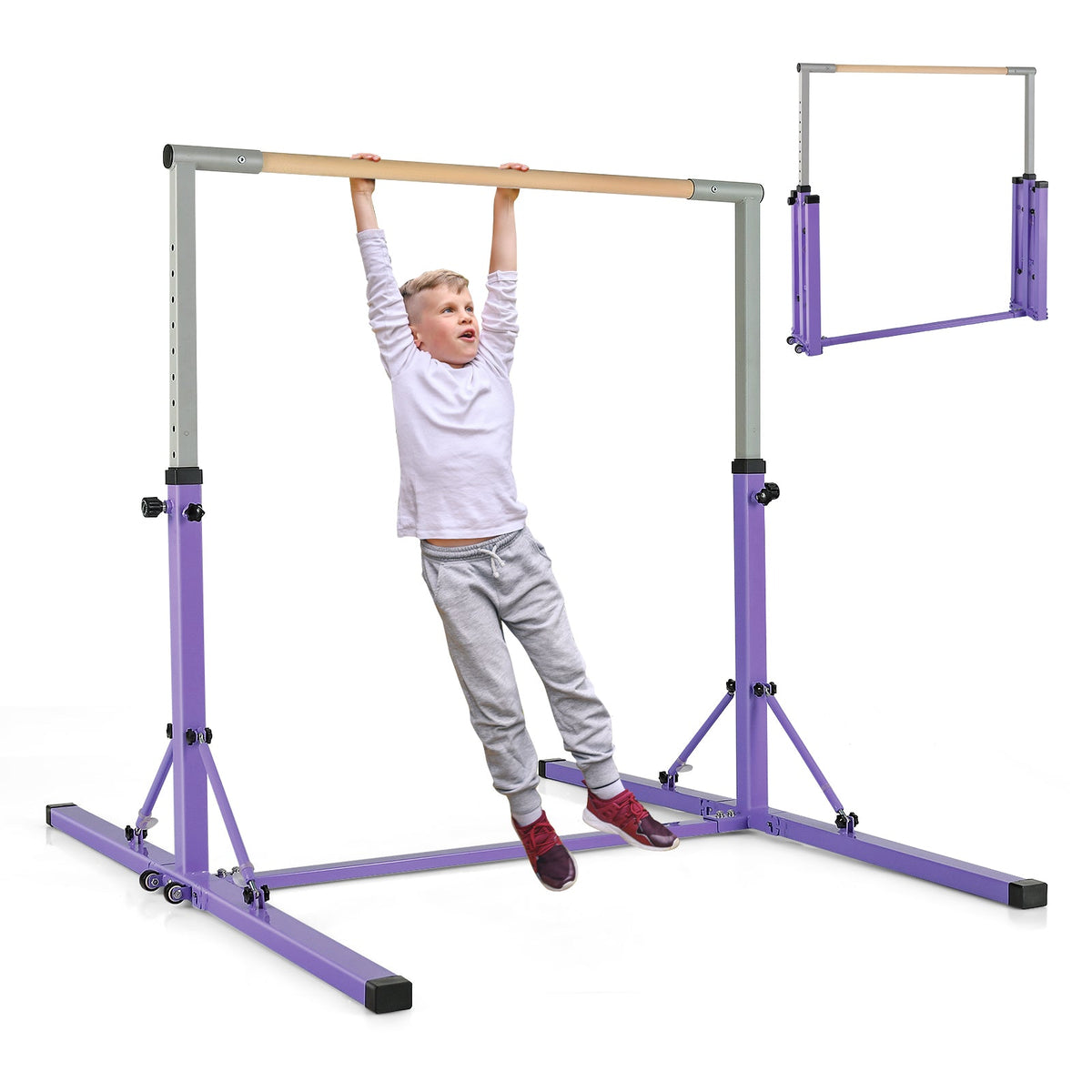 Kids Foldable Gymnastics Bar with 13 Adjustable Height-Blue