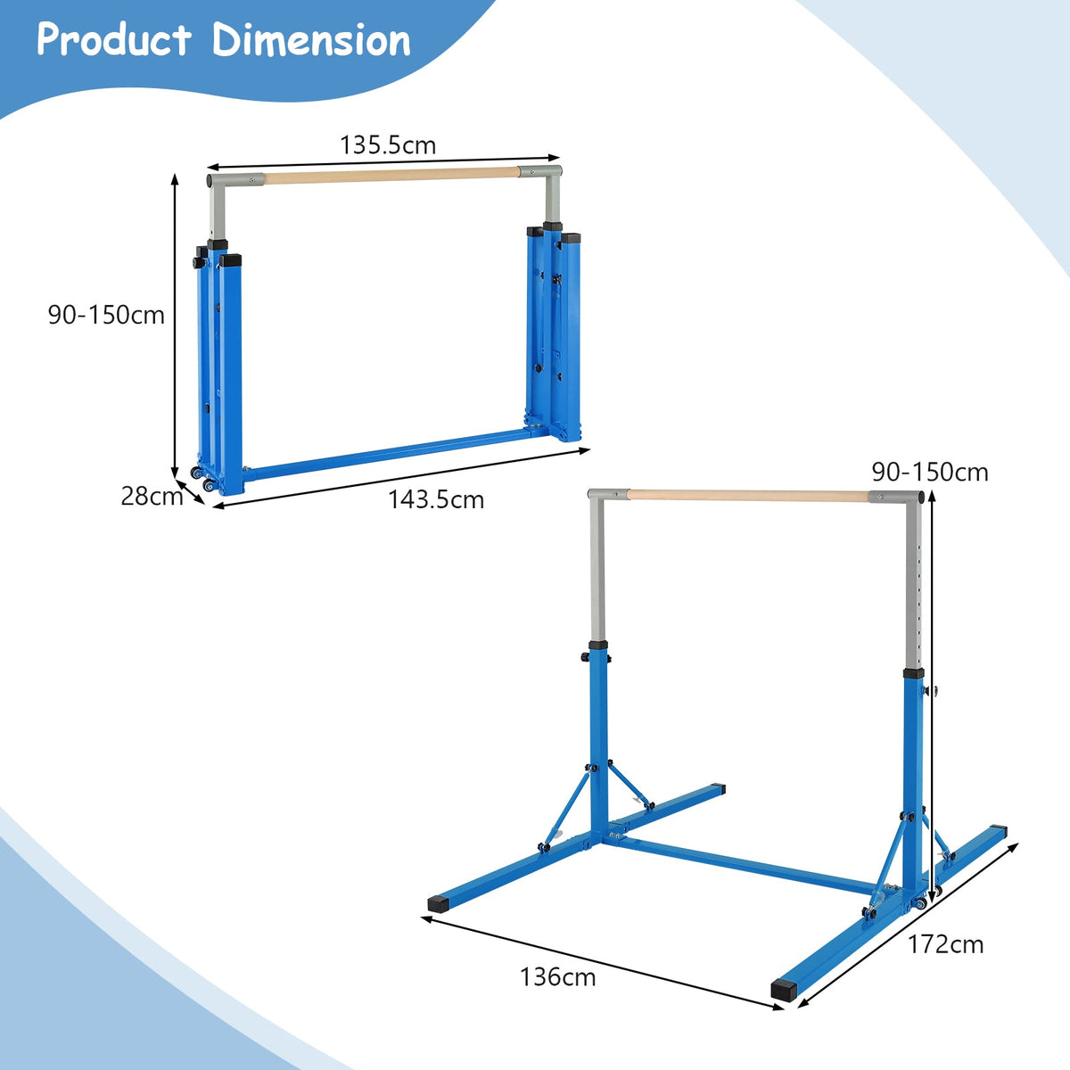 Kids Foldable Gymnastics Bar with 13 Adjustable Height-Blue