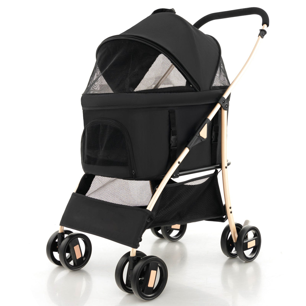 Foldable Pet Stroller with 4-Level Adjustable Canopy and Storage Basket-Black