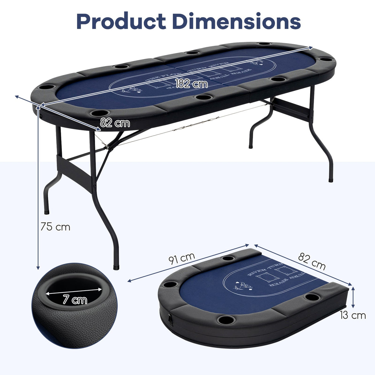 Foldable Poker Table for 8 Players Portable Oval Card Board with Cup Holders-Black