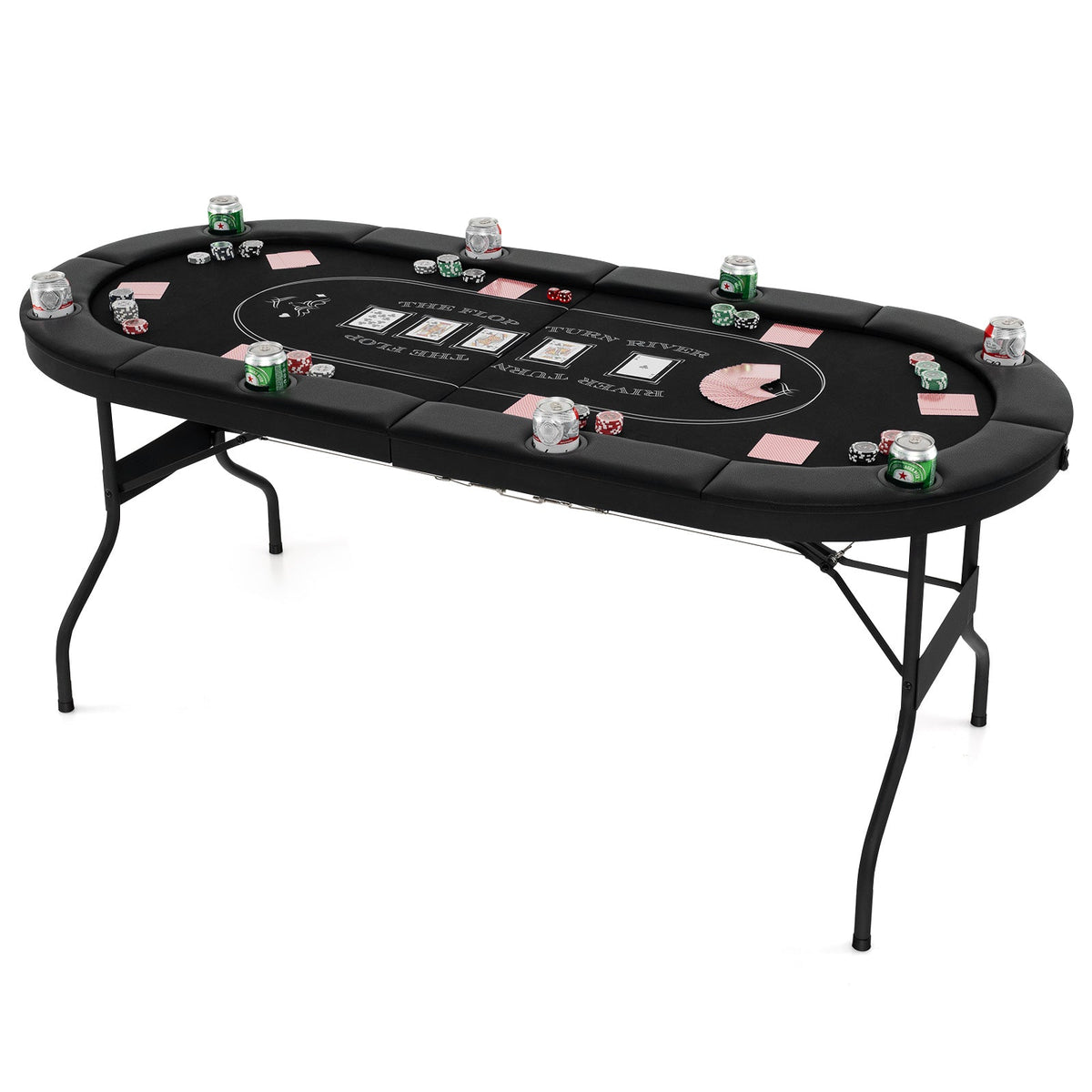 Foldable Poker Table for 8 Players Portable Oval Card Board with Cup Holders-Black