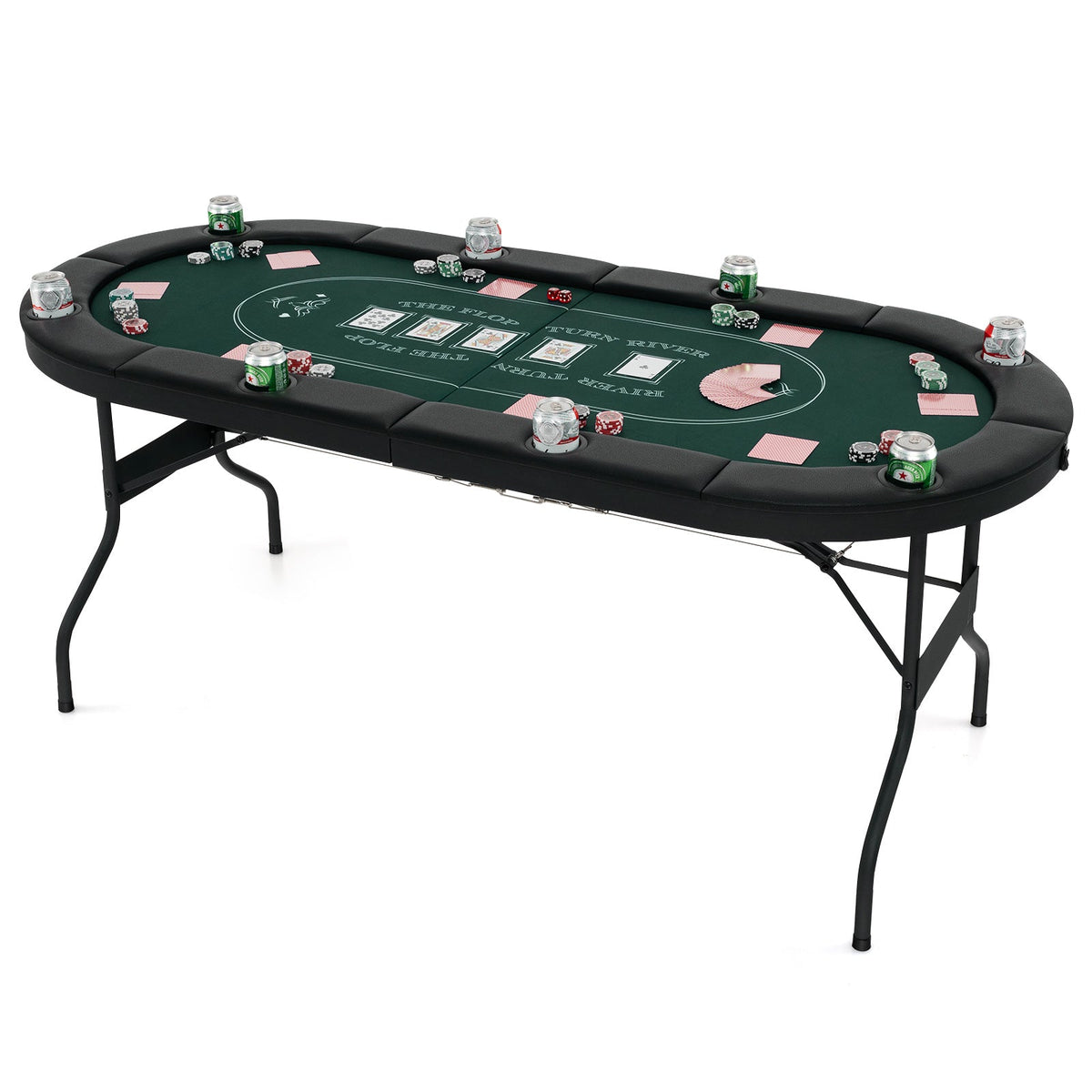 Foldable Poker Table for 8 Players Portable Oval Card Board with Cup Holders-Black